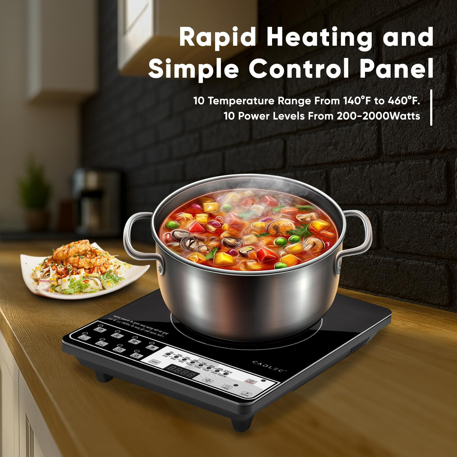 Cadlec CookEase 2000W Induction Cooktop 8 Cooking Modes Auto Shut-Off Over-Heat Protection LED Display BIS Approved 2-Year Warranty Black