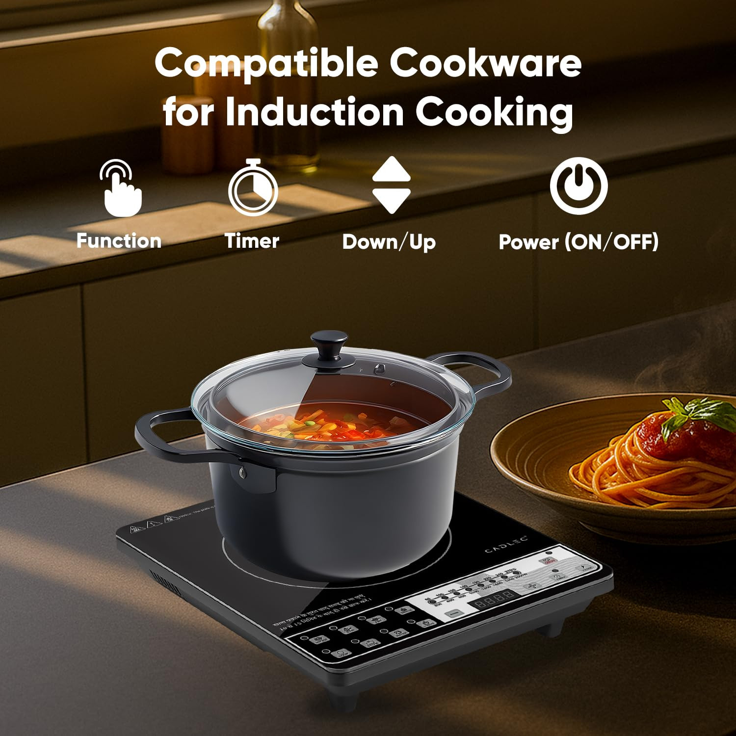 Cadlec CookEase 2000W Induction Cooktop  8 Cooking Modes Auto Shut-Off Over-Heat Protection LED Display BIS Approved 2-Year Warranty  Black