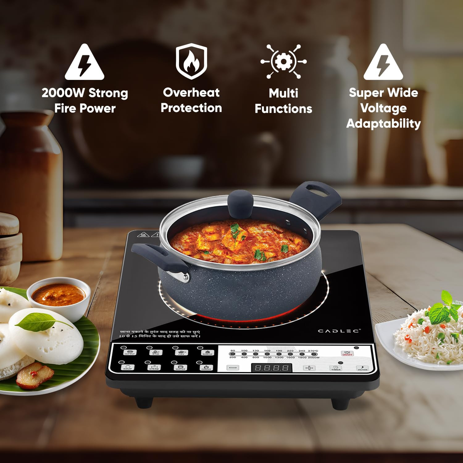 Cadlec CookEase 2000W Induction Cooktop 8 Cooking Modes Auto Shut-Off Over-Heat Protection LED Display BIS Approved 2-Year Warranty Black