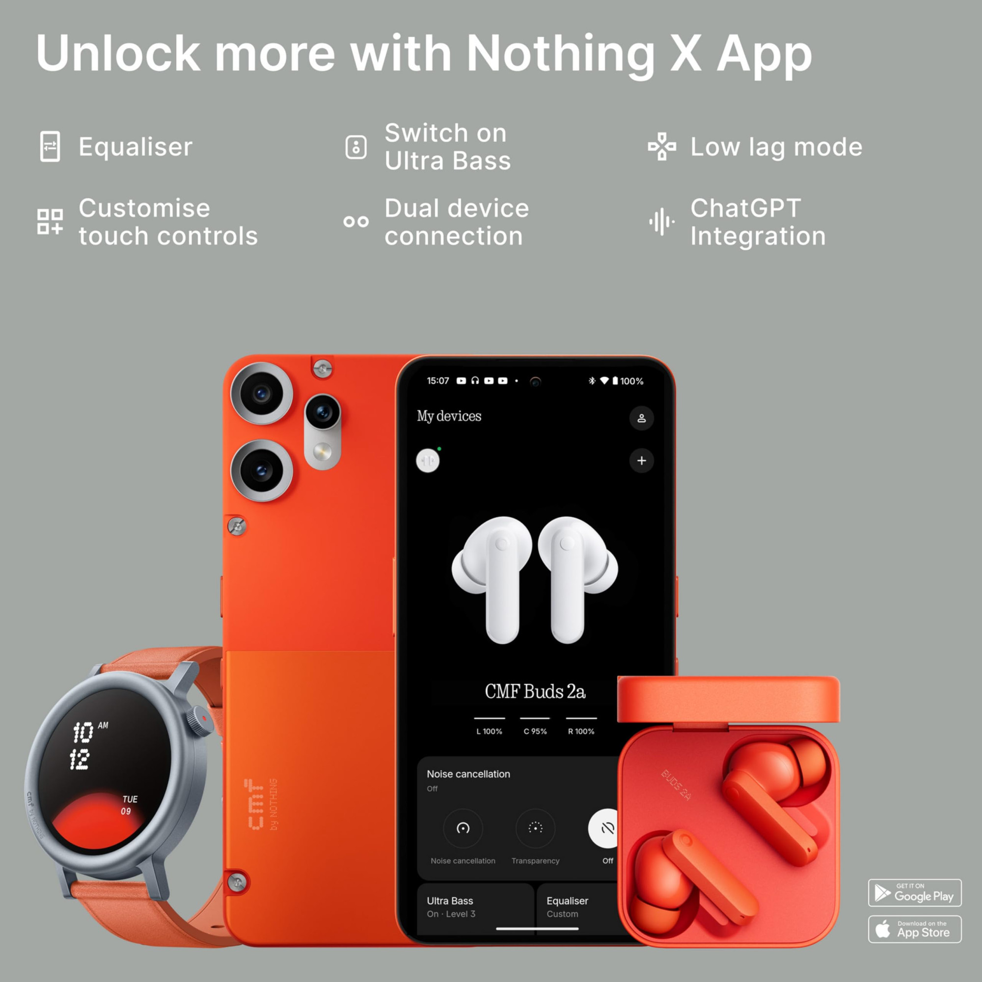 CMF BY NOTHING Buds 2a Light Grey 42 dB ANC 124mm Dirac-Tuned Drivers Ultra Bass 355 Hrs Playback Bluetooth 54 Fast Charging IPX4 TWS Earbuds with Mic