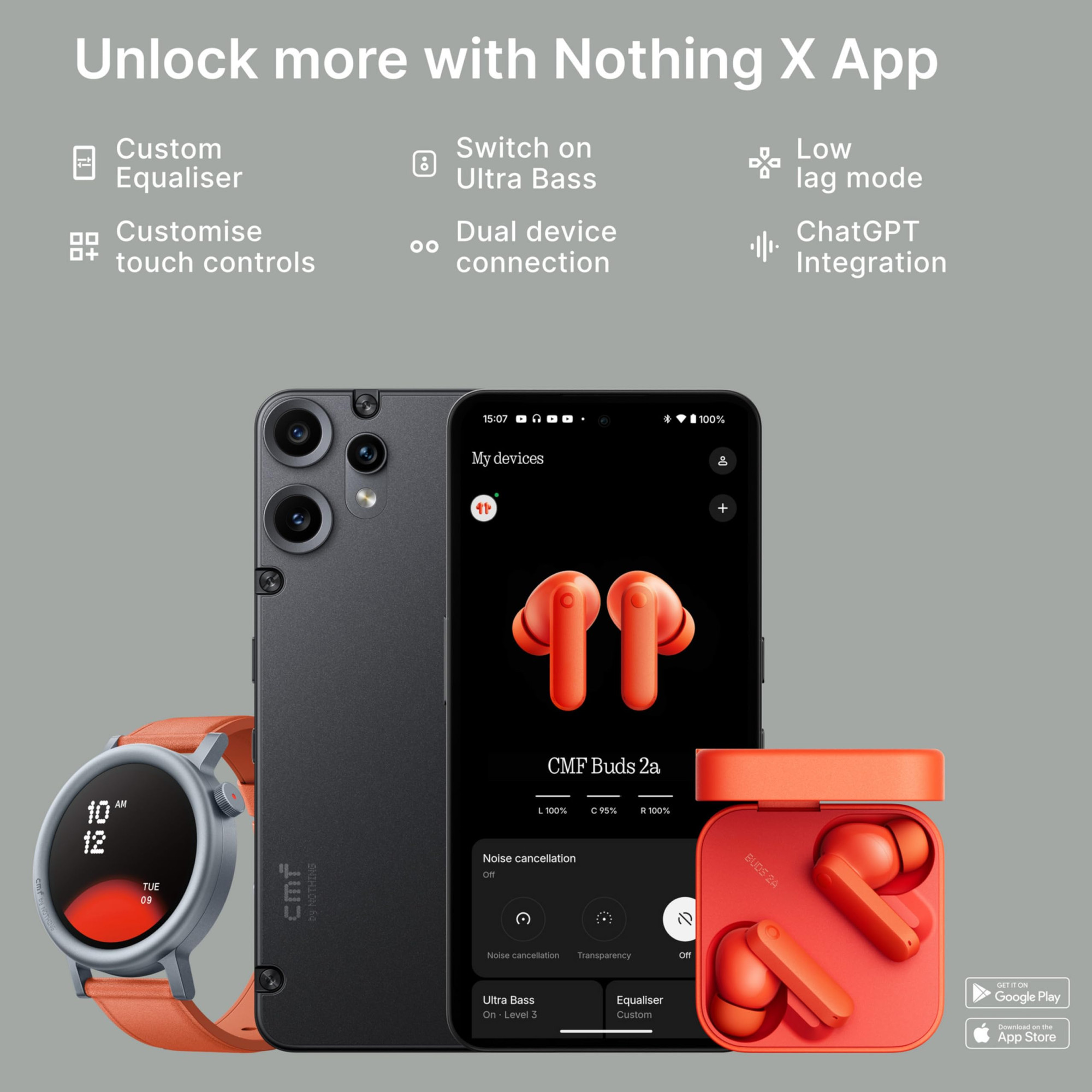 CMF BY NOTHING Buds 2a Orange 42 dB ANC 124mm Dirac-Tuned Drivers Ultra Bass 355 Hrs Playback Bluetooth 54 Fast Charging IPX4 TWS Earbuds with Mic