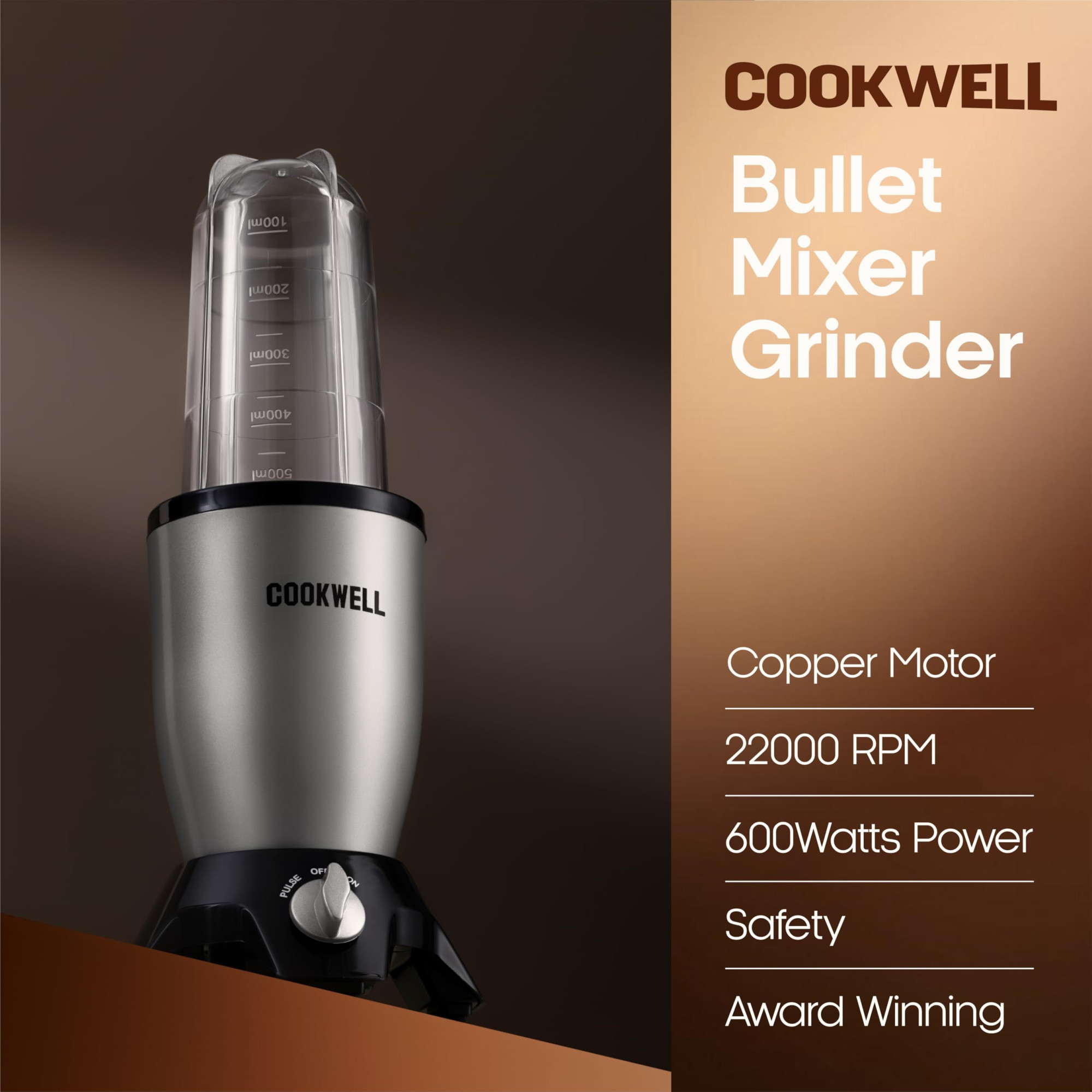 Cookwell Bullet Mixer Grinder 5 Jars 3 Blades Silver - Copper 600 Watts - 2 Year Warranty