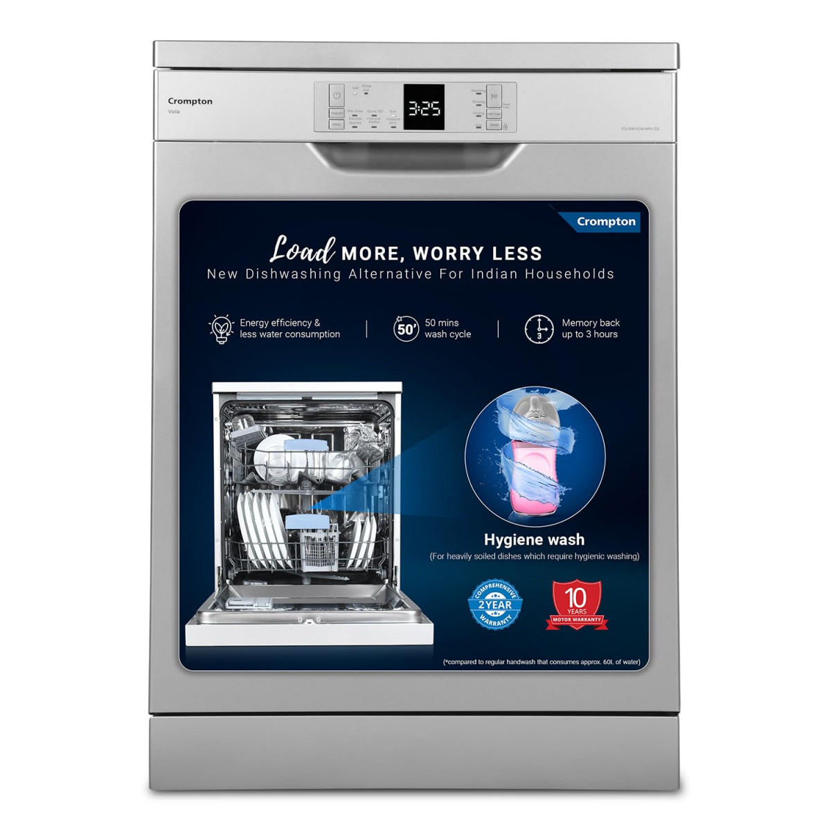 Crompton 14 Place Setting Freestanding Dishwasher with 6 Wash Programs and Super Active Drying System Energy Saving Dishwasher