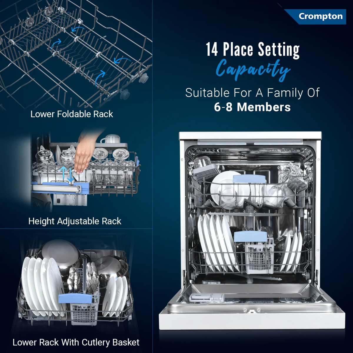 Crompton 14 Place Setting Freestanding Dishwasher with 6 Wash Programs and Super Active Drying System Energy Saving Dishwasher