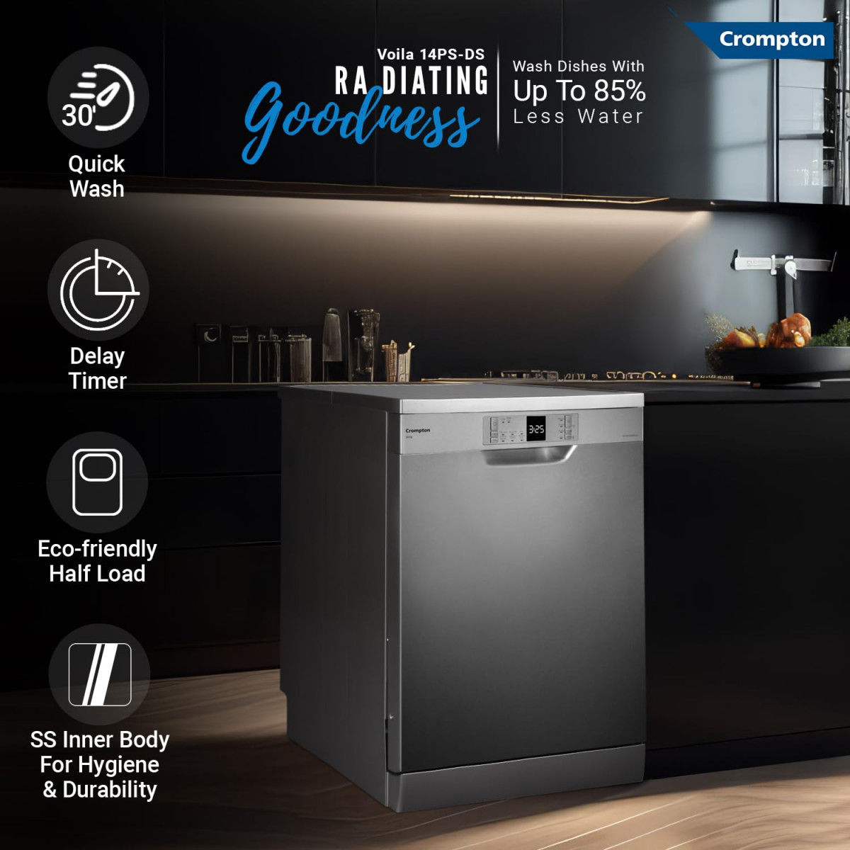 Crompton 14 Place Setting Freestanding Dishwasher with 6 Wash Programs and Super Active Drying System Energy Saving Dishwasher