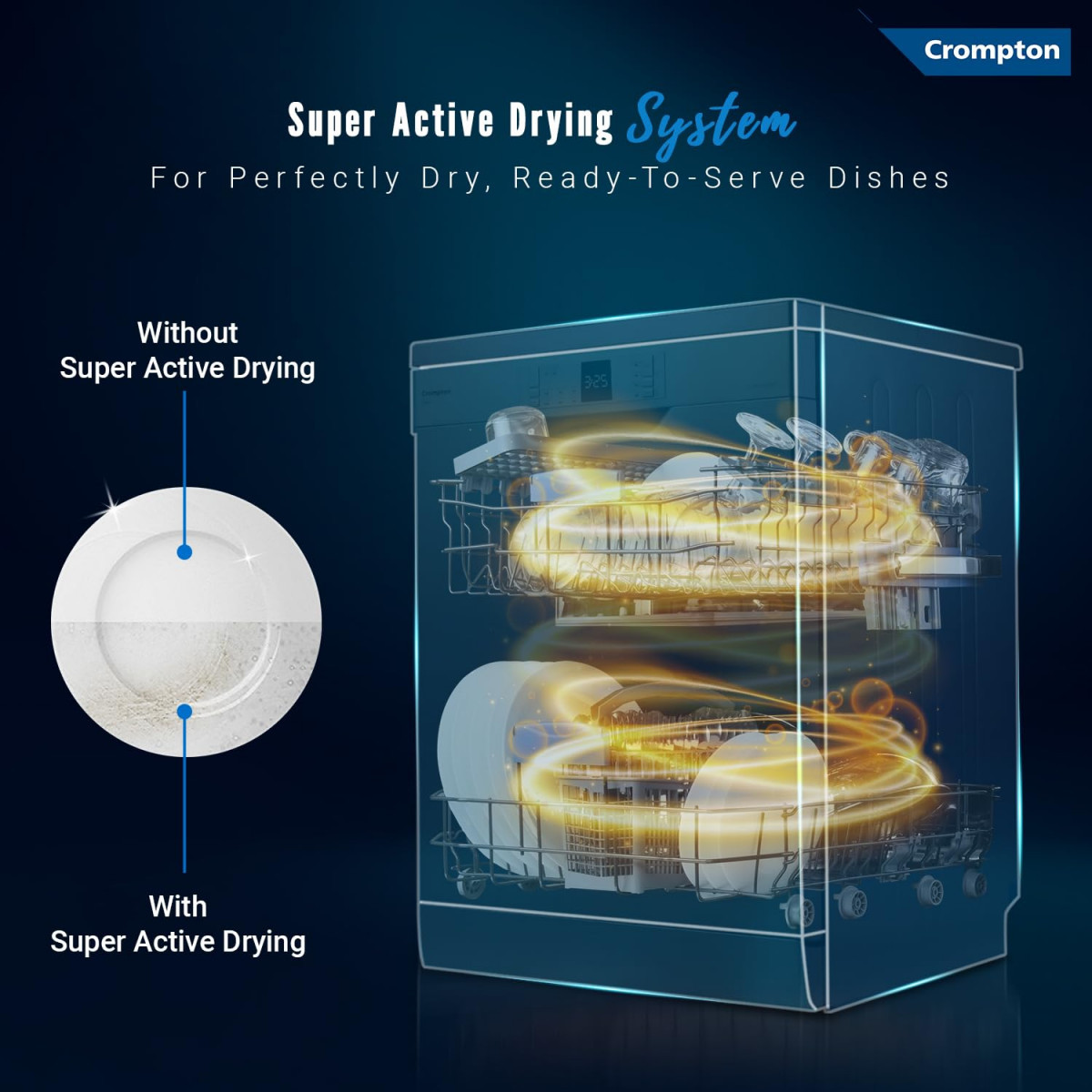 Crompton 14 Place Setting Freestanding Dishwasher with 6 Wash Programs and Super Active Drying System Energy Saving Dishwasher