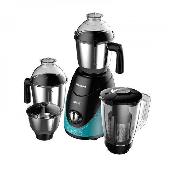 Crompton Ameo 750-Watt Mixer Grinder with MaxiGrind and Motor Vent-X Technology 3 Stainless Steel Jars and 1 Juicer Jar Black Green AMEO-4JARS