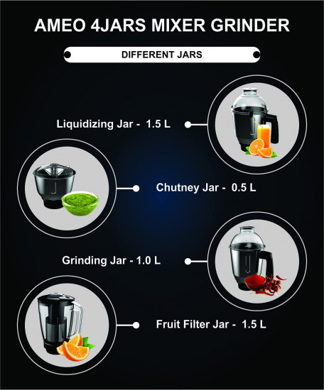 Crompton Ameo 750-Watt Mixer Grinder with MaxiGrind and Motor Vent-X Technology 3 Stainless Steel Jars and 1 Juicer Jar Black Green AMEO-4JARS