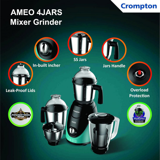 Crompton Ameo 750-Watt Mixer Grinder with MaxiGrind and Motor Vent-X Technology 3 Stainless Steel Jars and 1 Juicer Jar Black Green AMEO-4JARS