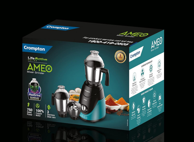Crompton Ameo 750-Watt Mixer Grinder with MaxiGrind and Motor Vent-X Technology 3 Stainless Steel Jars and 1 Juicer Jar Black Green AMEO-4JARS