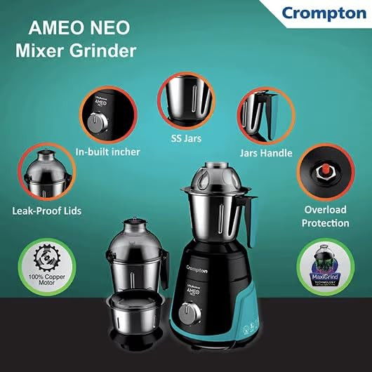 Crompton Ameo Neo 750 Watt Mixer Grinder with MaxiGrind and Motor Vent-X Technology Leakage Free Jar Chrome Plated Knob 3 Stainless Steel Jars 5 year Warranty On MotorBlack and green
