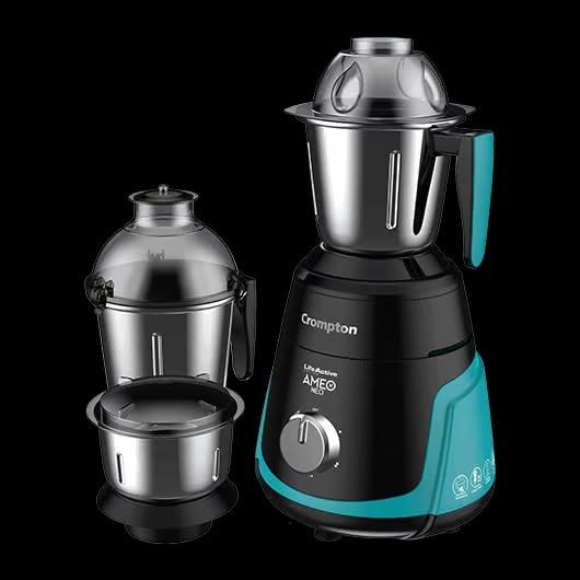 Crompton Ameo Neo 750 Watt Mixer Grinder with MaxiGrind and Motor Vent-X Technology Leakage Free Jar Chrome Plated Knob 3 Stainless Steel Jars 5 year Warranty On MotorBlack and green
