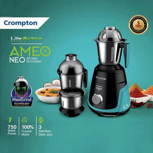 Crompton Ameo Neo 750 Watt Mixer Grinder with MaxiGrind and Motor Vent-X Technology Leakage Free Jar Chrome Plated Knob 3 Stainless Steel Jars 5 year Warranty On MotorBlack and green