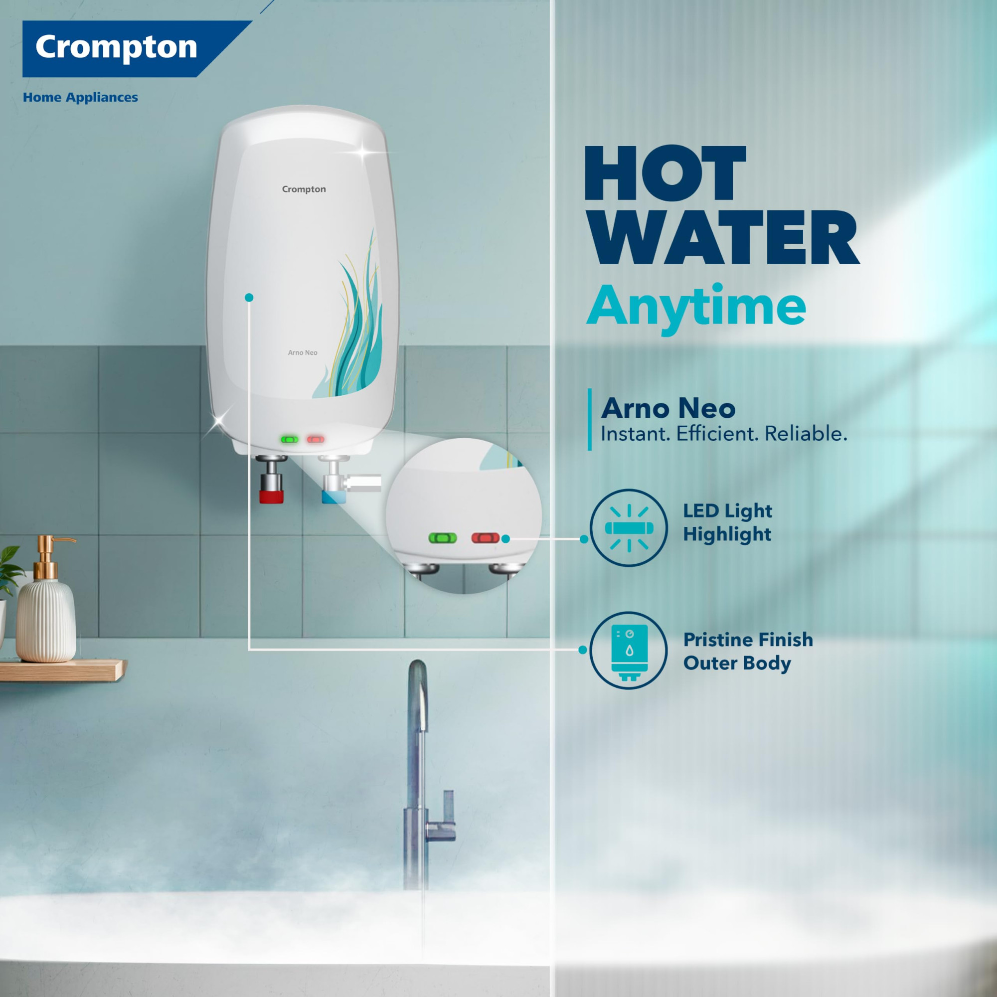Crompton Arno Neo 3 Litre Instant Water Heater  3 kW Heating Element  Food Grade SS Tank  6 Bar Pressure Rated  Advanced 3-Level Safety  5 Years Tank Warranty