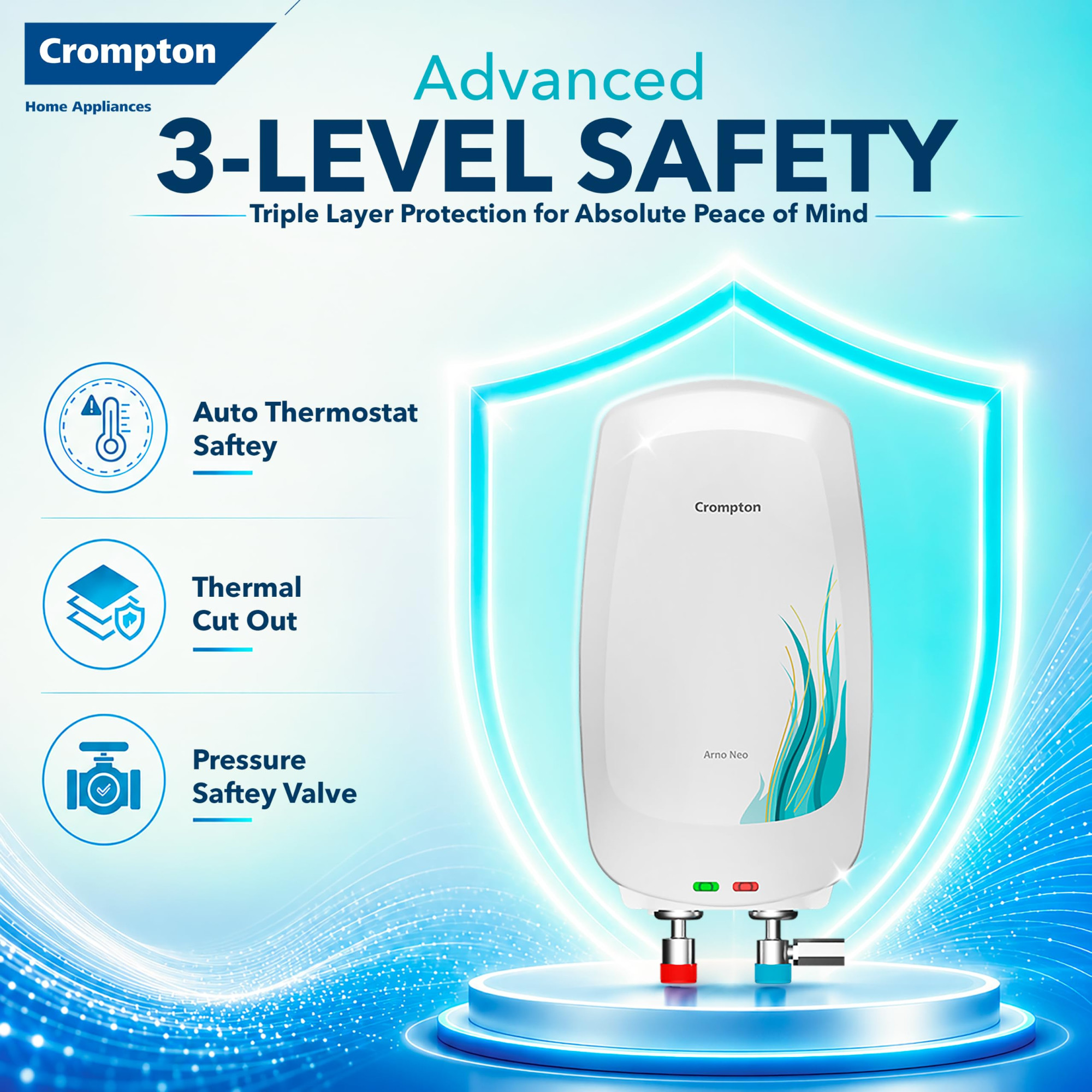 Crompton Arno Neo 3 Litre Instant Water Heater  3 kW Heating Element  Food Grade SS Tank  6 Bar Pressure Rated  Advanced 3-Level Safety  5 Years Tank Warranty