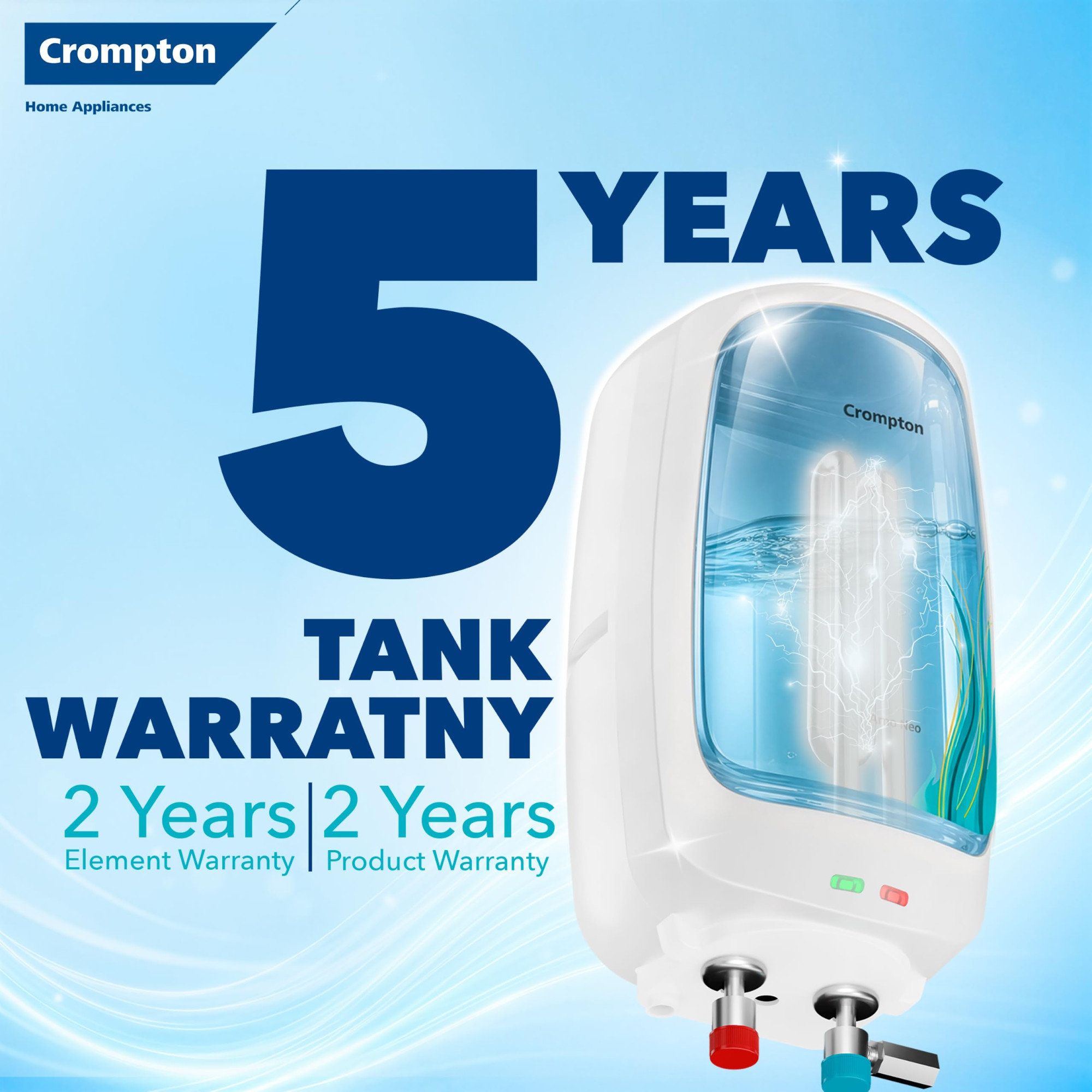 Crompton Arno Neo 5 Litre Instant Water Heater  3 kW Heating Element  Food Grade SS Tank  6 Bar Pressure Rated  Advanced 3-Level Safety  5 Years Tank Warranty