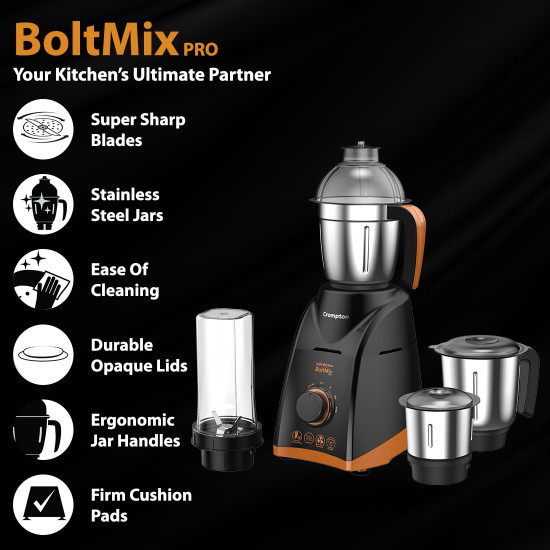 Crompton Boltmix Pro Mixer Grinder Blender Heavy Duty 750W Powertron Motor 3 Stainless steel Blade 1 unbreakable jar Motor Vent-X Technology