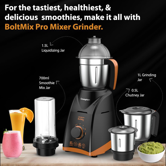 Crompton Boltmix Pro Mixer Grinder Blender Heavy Duty 750W Powertron Motor 3 Stainless steel Blade 1 unbreakable jar Motor Vent-X Technology