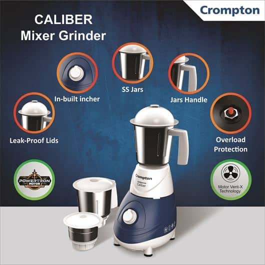 Crompton Caliber Mixer Grinder 750Watts Power Motor Vent-x Technology Stainless 3Jar