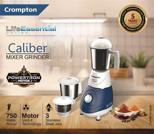 Crompton Caliber Mixer Grinder 750Watts Power Motor Vent-x Technology Stainless 3Jar