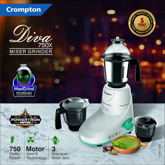 Crompton Diva 750X Mixer Grinder with MaxiGrind and Motor Vent-X Technology 3 Stainless Steel Jars White and Turquoise DIVA750X3J
