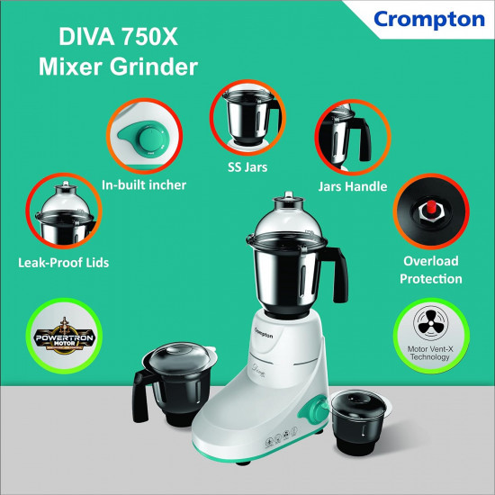 Crompton Diva 750X Mixer Grinder with MaxiGrind and Motor Vent-X Technology 3 Stainless Steel Jars White and Turquoise DIVA750X3J