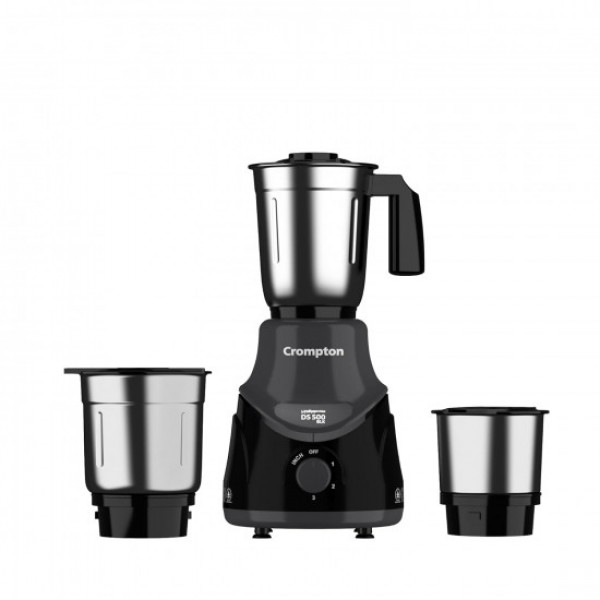 Image of Crompton DS 500 BLK 500-Watt Mixer Grinder with Powertron Motor &amp; Motor Vent-X Technology (3 Stainless Steel Jars, Black &amp; Grey)