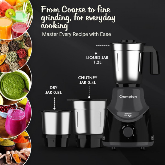Crompton DS 500 BLK 500-Watt Mixer Grinder with Powertron Motor Motor Vent-X Technology 3 Stainless Steel Jars Black Grey