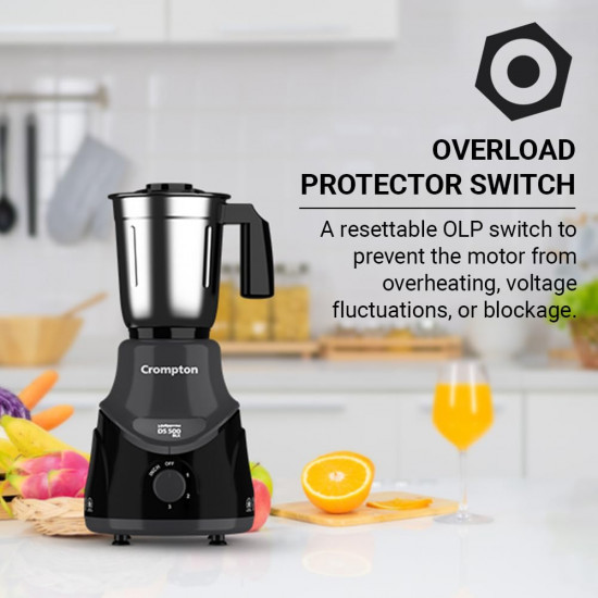 Crompton DS 500 BLK 500-Watt Mixer Grinder with Powertron Motor Motor Vent-X Technology 3 Stainless Steel Jars Black Grey