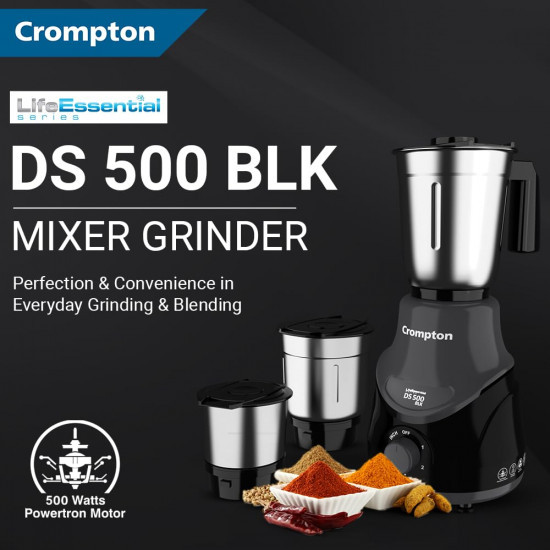 Crompton DS 500 BLK 500-Watt Mixer Grinder with Powertron Motor Motor Vent-X Technology 3 Stainless Steel Jars Black Grey