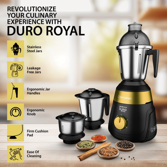 Crompton Duro Royal 750 W Mixer grinder with 3 Jars 3 stainless steel Jars with lid lock Maxi Grind Technology Food Grade JarsBlack