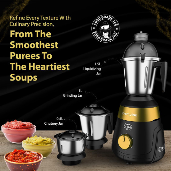 Crompton Duro Royal 750 W Mixer grinder with 3 Jars 3 stainless steel Jars with lid lock Maxi Grind Technology Food Grade JarsBlack