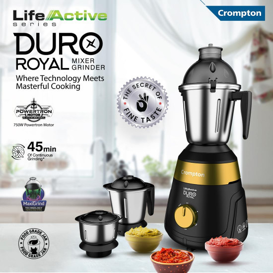 Crompton Duro Royal 750 W Mixer grinder with 3 Jars 3 stainless steel Jars with lid lock Maxi Grind Technology Food Grade JarsBlack