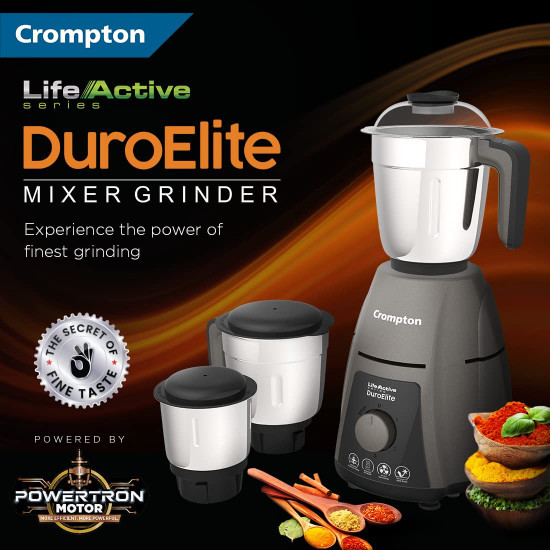 Crompton DuroElite 800Watt Mixer Grinder with Motor Vent-X Technology 3 Stainless Steel Jars Mettalic Finish