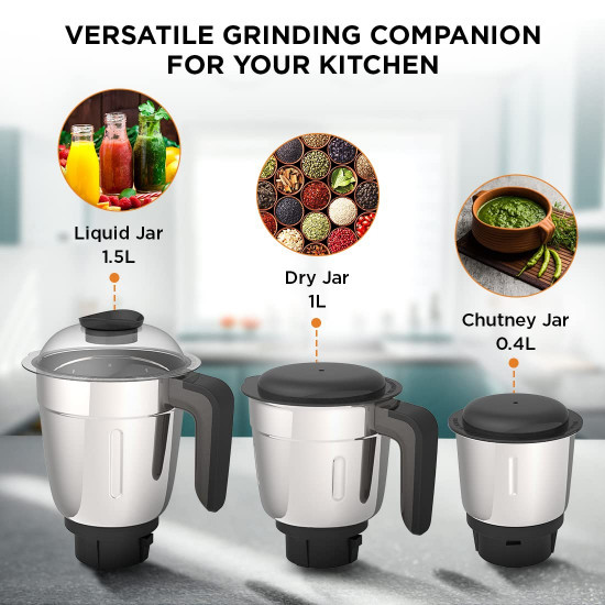 Crompton DuroElite 800Watt Mixer Grinder with Motor Vent-X Technology 3 Stainless Steel Jars Mettalic Finish