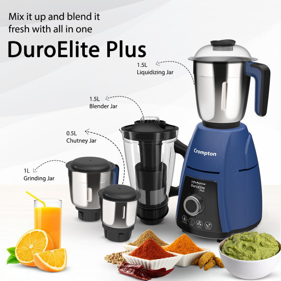 Crompton DuroElite Plus 800 W Mixer Grinder with 4 Jars 3 Stainless Steel Jars 15L Juicer Jar with Fruit Filter Heavy Duty Powertron Motor Motor Vent-X Technology Blue