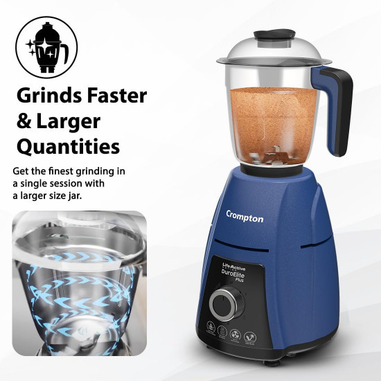 Crompton DuroElite Plus 800 W Mixer Grinder with 4 Jars 3 Stainless Steel Jars 15L Juicer Jar with Fruit Filter Heavy Duty Powertron Motor Motor Vent-X Technology Blue