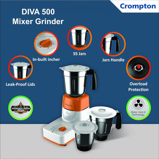 Crompton Greaves Diva DS51 Mixer Grinder with 3 Jars 500 Watts White medium