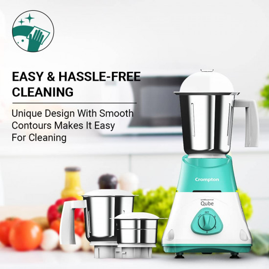 CROMPTON QUBE 3J 750W POWERTRON MOTOR MIXER GRINDER MOTOR VENT-X TECHNOLOGY 3 STAINLESS STEEL JARS SEAGREEN WHITE