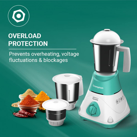 CROMPTON QUBE 3J 750W POWERTRON MOTOR MIXER GRINDER MOTOR VENT-X TECHNOLOGY 3 STAINLESS STEEL JARS SEAGREEN WHITE
