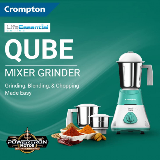 CROMPTON QUBE 3J 750W POWERTRON MOTOR MIXER GRINDER MOTOR VENT-X TECHNOLOGY 3 STAINLESS STEEL JARS SEAGREEN WHITE