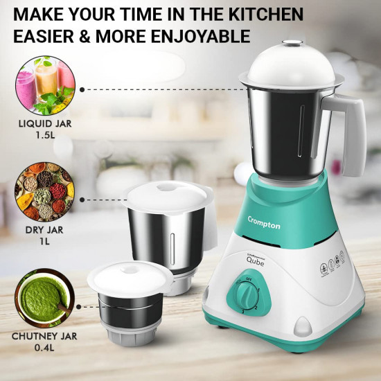 CROMPTON QUBE 3J 750W POWERTRON MOTOR MIXER GRINDER MOTOR VENT-X TECHNOLOGY 3 STAINLESS STEEL JARS SEAGREEN WHITE