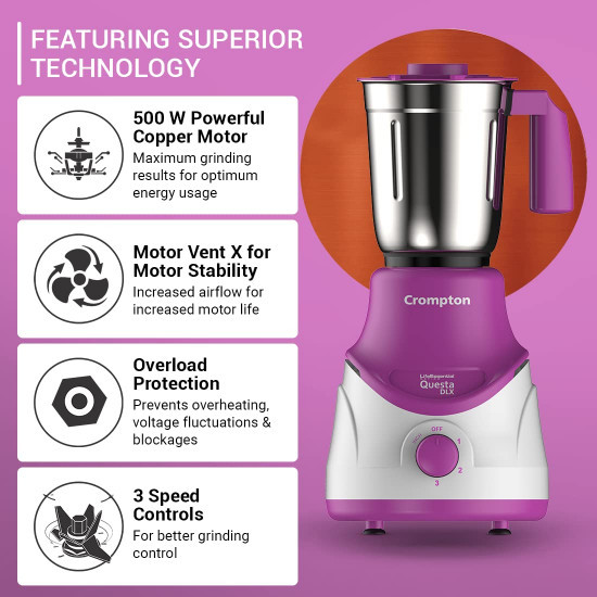 Crompton QUESTA DLX Mixer Grinder 100 Copper Motor Motor Vent-X Technology 3 Stainless Steel Jars Lavender