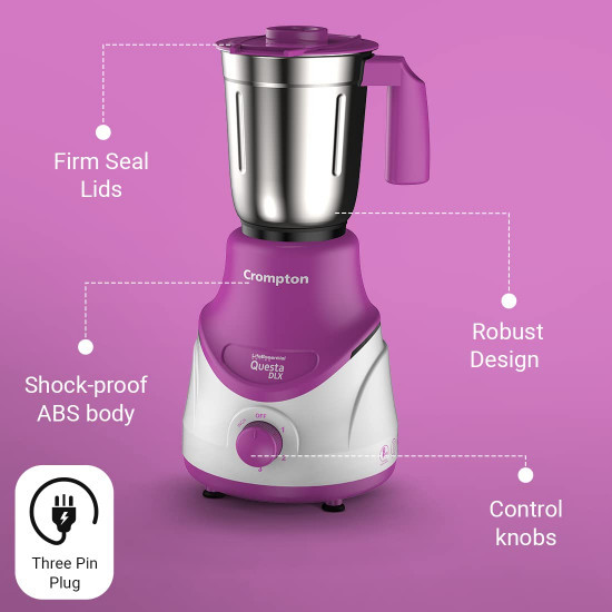 Crompton QUESTA DLX Mixer Grinder 100 Copper Motor Motor Vent-X Technology 3 Stainless Steel Jars Lavender