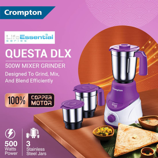 Crompton QUESTA DLX Mixer Grinder 100 Copper Motor Motor Vent-X Technology 3 Stainless Steel Jars Lavender