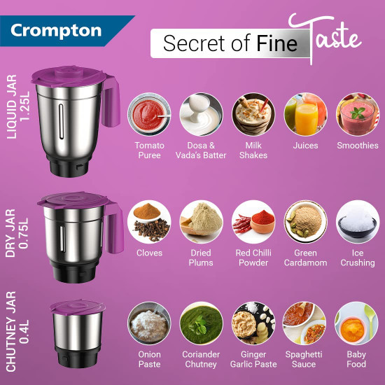 Crompton QUESTA DLX Mixer Grinder 100 Copper Motor Motor Vent-X Technology 3 Stainless Steel Jars Lavender