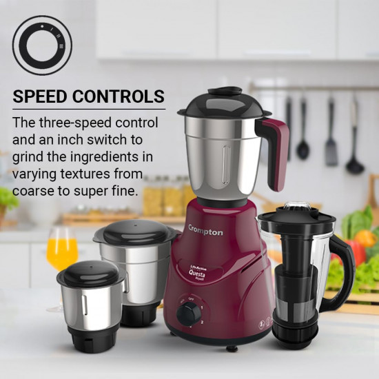 Crompton QUESTA ROYALX 750-Watt Mixer Grinder with Powertron Motor Motor Vent-X Technology 3 Stainless Steel Jars 15L Blender Jar with Fruit Filter Beetroot