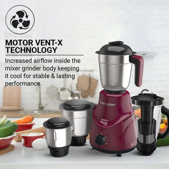 Crompton QUESTA ROYALX 750-Watt Mixer Grinder with Powertron Motor Motor Vent-X Technology 3 Stainless Steel Jars 15L Blender Jar with Fruit Filter Beetroot