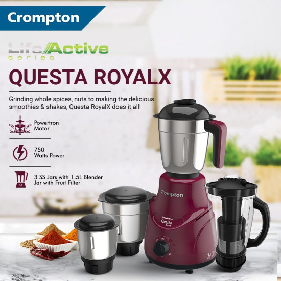 Crompton QUESTA ROYALX 750-Watt Mixer Grinder with Powertron Motor Motor Vent-X Technology 3 Stainless Steel Jars 15L Blender Jar with Fruit Filter Beetroot