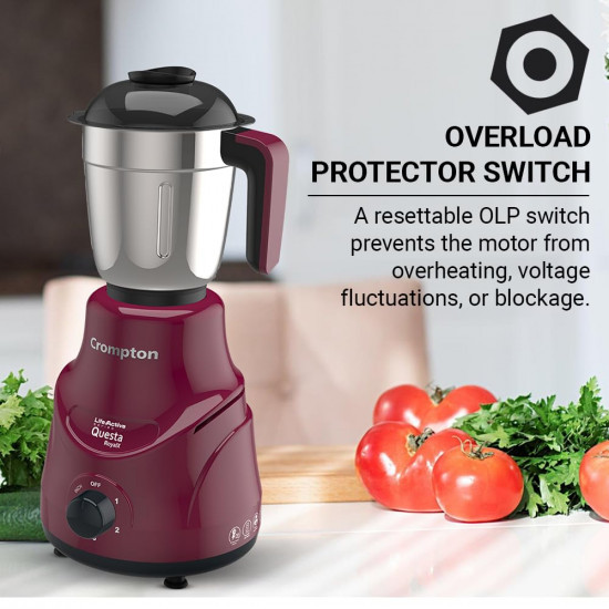 Crompton QUESTA ROYALX 750-Watt Mixer Grinder with Powertron Motor Motor Vent-X Technology 3 Stainless Steel Jars 15L Blender Jar with Fruit Filter Beetroot